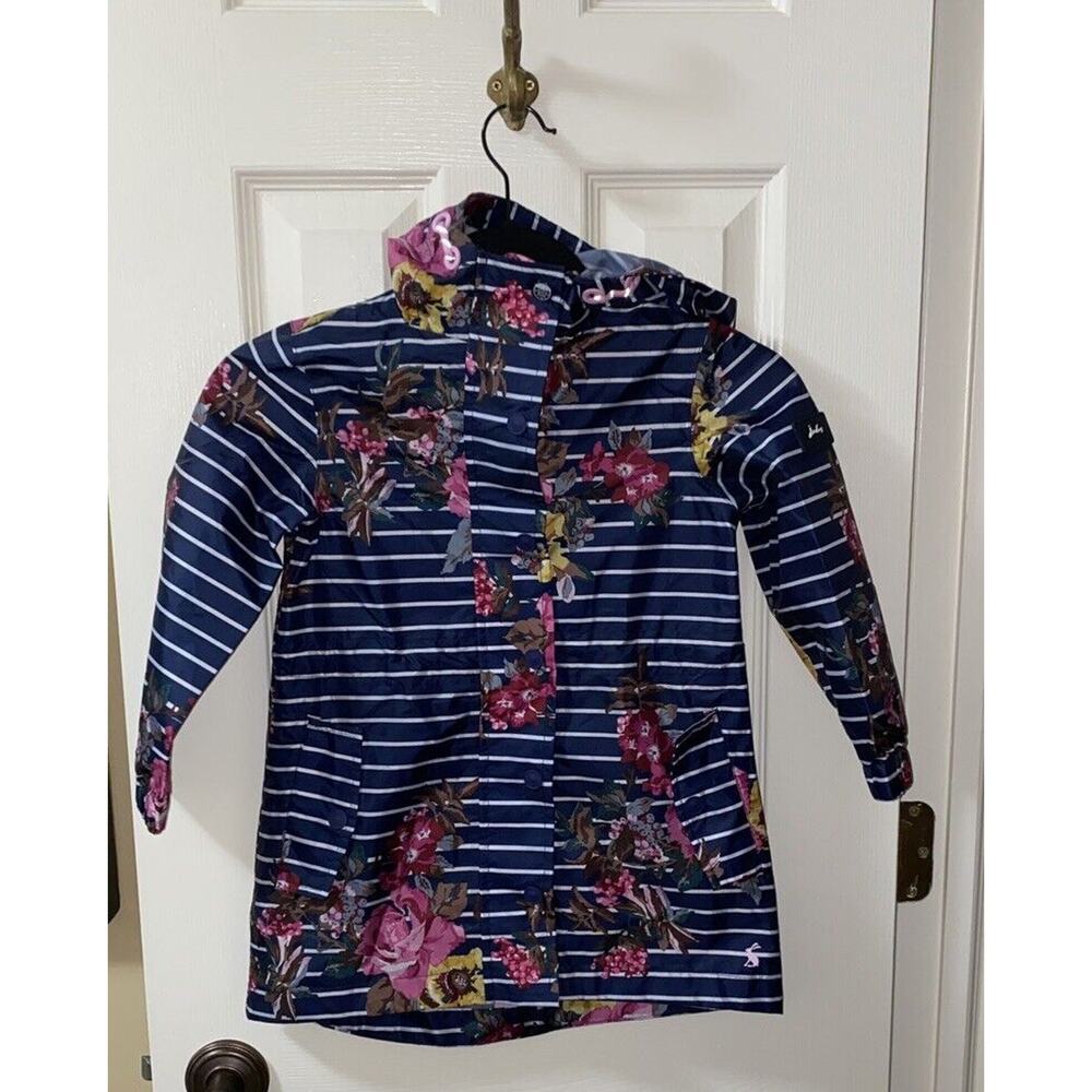 Joules Navy Striped Floral Hooded Raincoat packaway